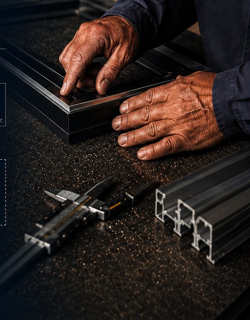 Craftsman assembling an aluminum frame